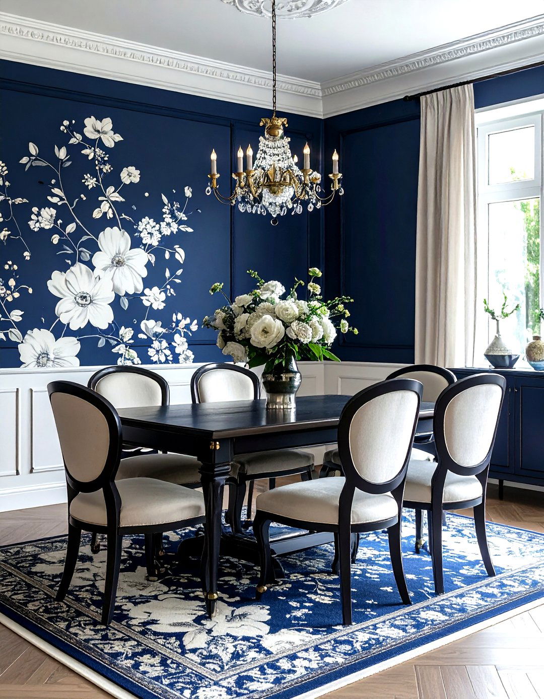 Navy Blue Dining Room Floral Wallpaper - 30 dark navy dining room ideas