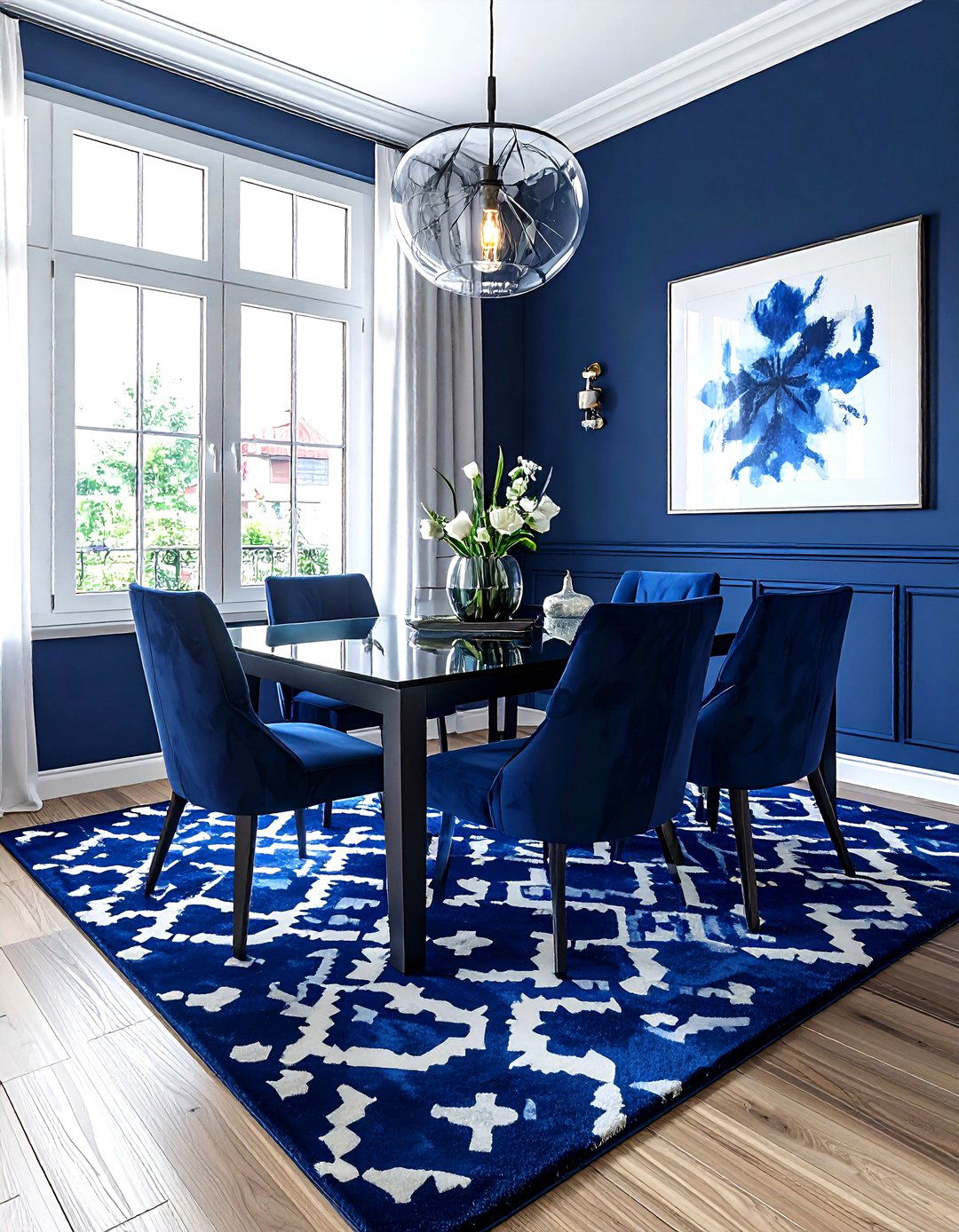 Navy Blue Dining Room Geometric Rug - 30 dark navy dining room ideas