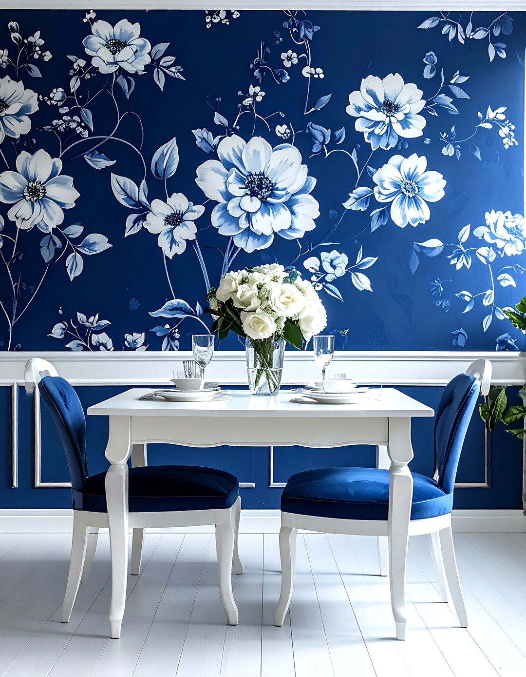 Navy Blue Floral Wallpaper - 30 navy and white dining room ideas