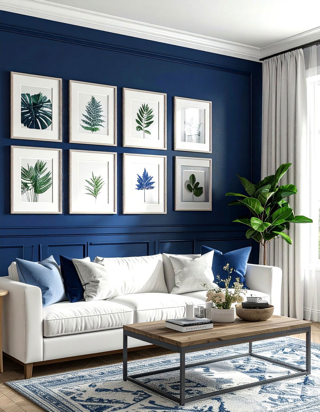Navy Blue Gallery Wall - 30 farmhouse navy living room ideas