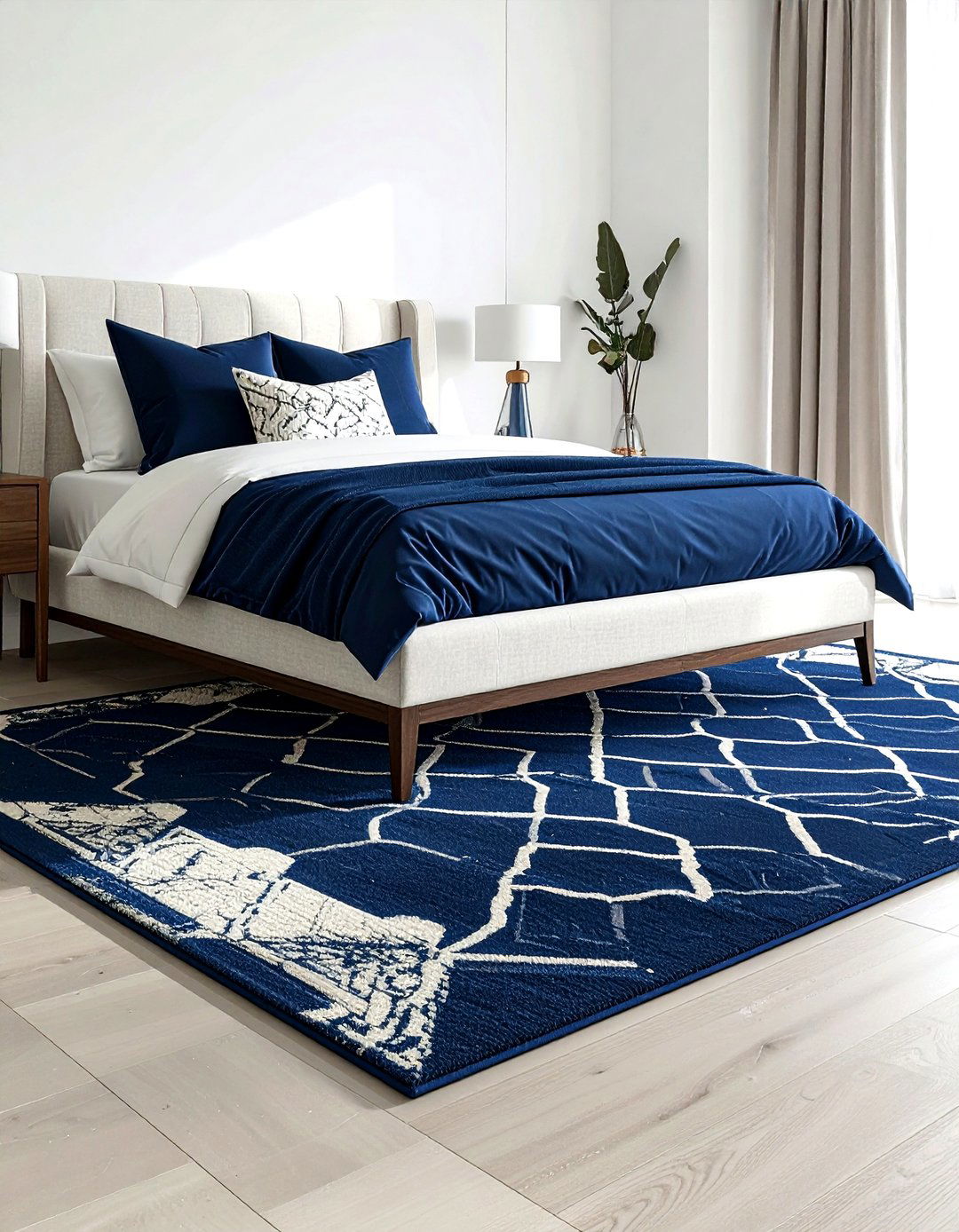 Navy Blue Geometric Rug - 30 navy bedroom decor ideas