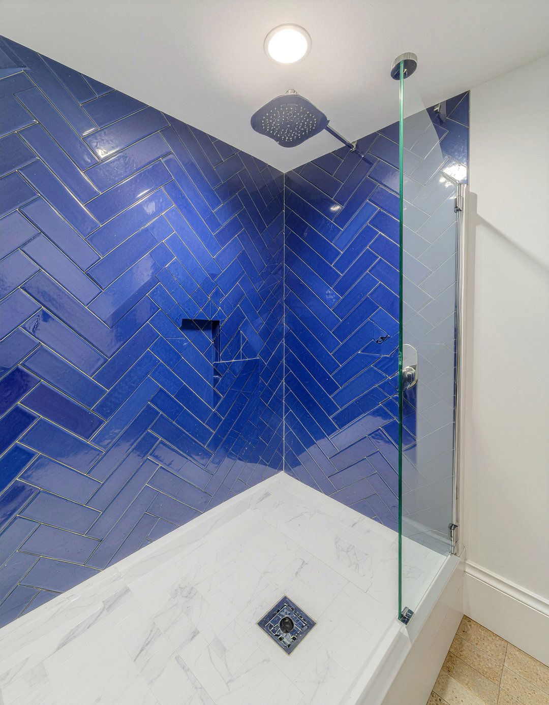 Navy Blue Herringbone Tile Shower - 30 navy blue bathroom ideas