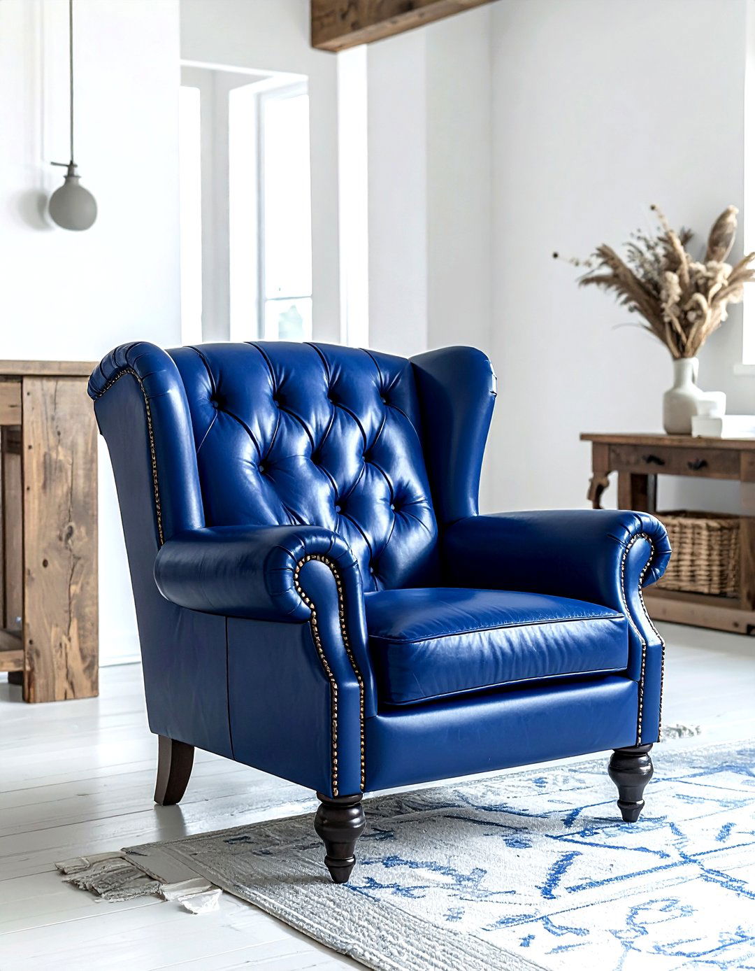 Navy Blue Leather Armchair - 30 farmhouse navy living room ideas