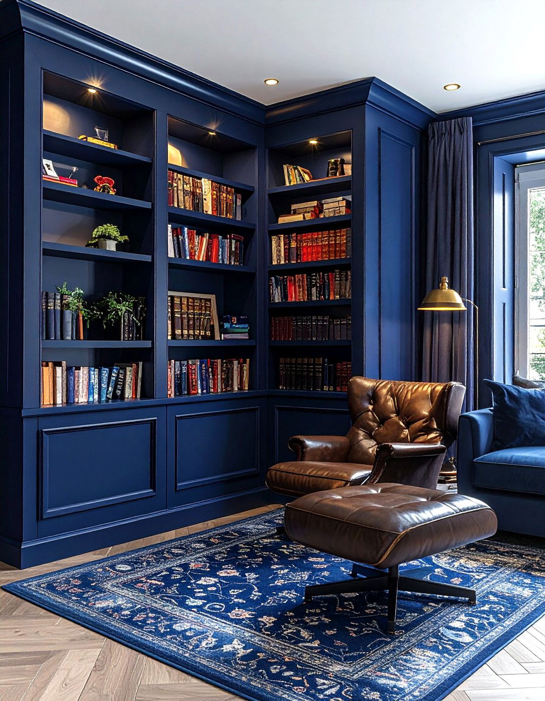 Navy Blue Living Room With Built In Bookshelves - 30 dark navy living room ideas