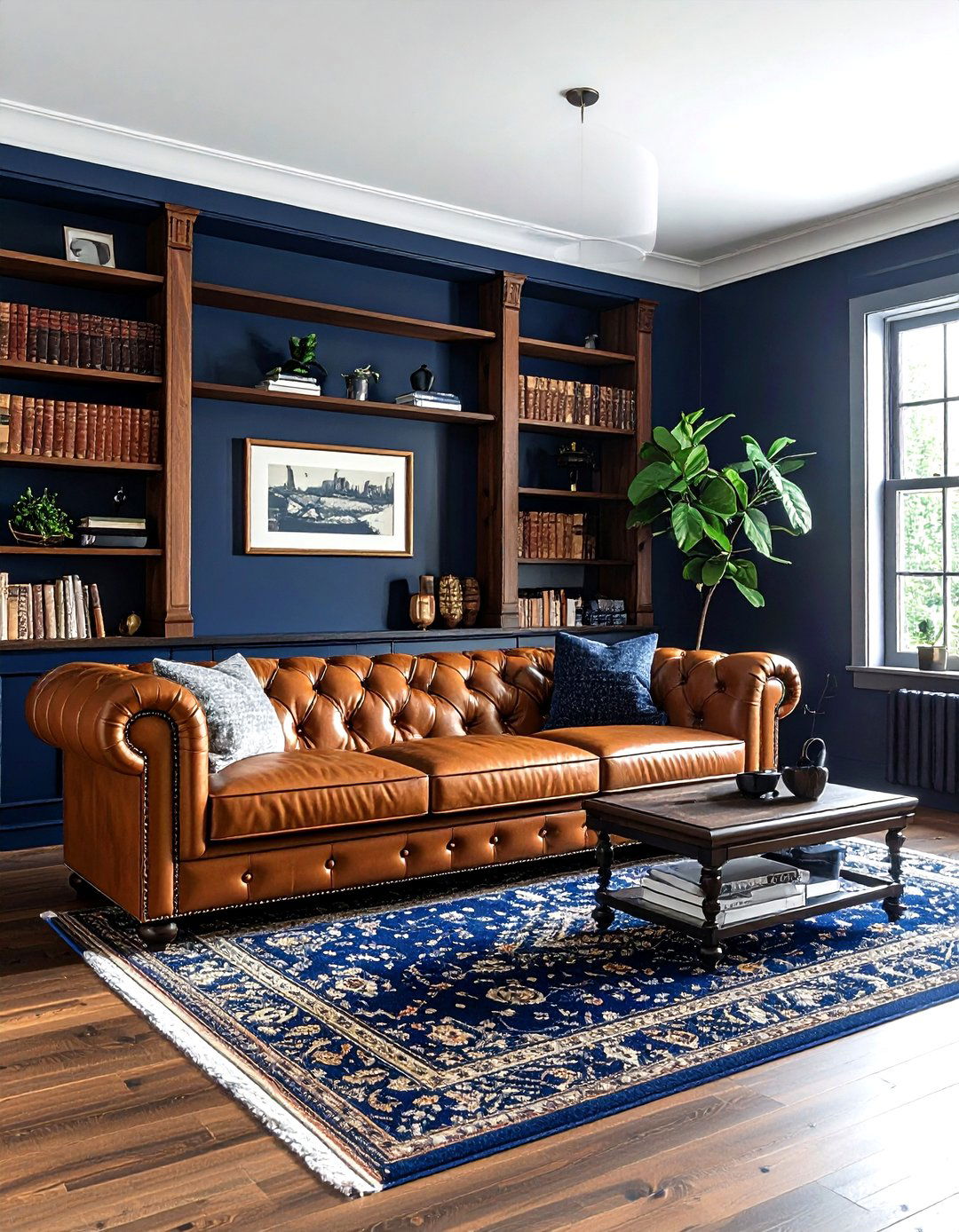 Navy Blue Living Room With Cognac Leather - 30 dark navy living room ideas