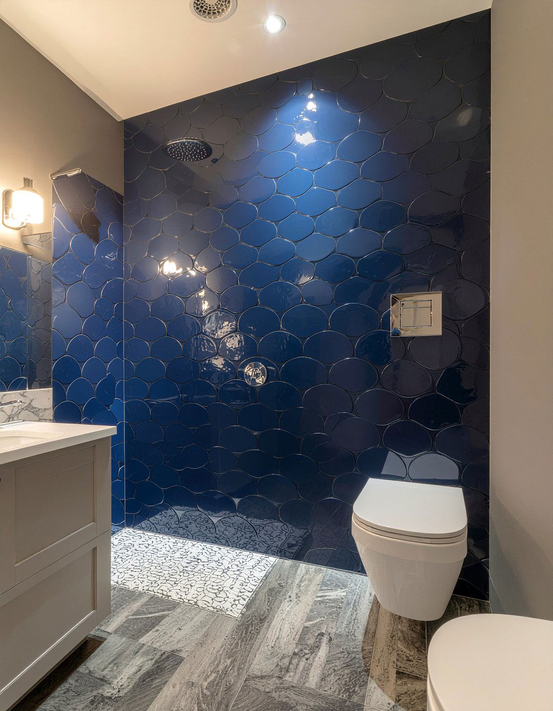 Navy Blue Mermaid Shower - 30 scalloped tile bathroom ideas