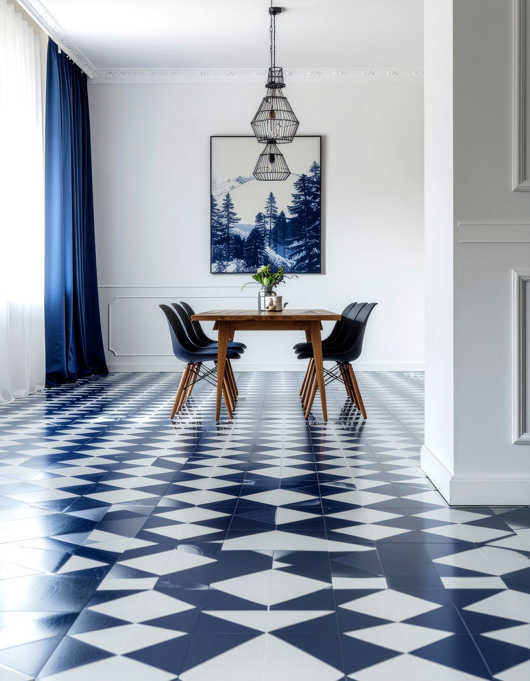 Navy Blue Patterned Floor - 30 navy dining room ideas