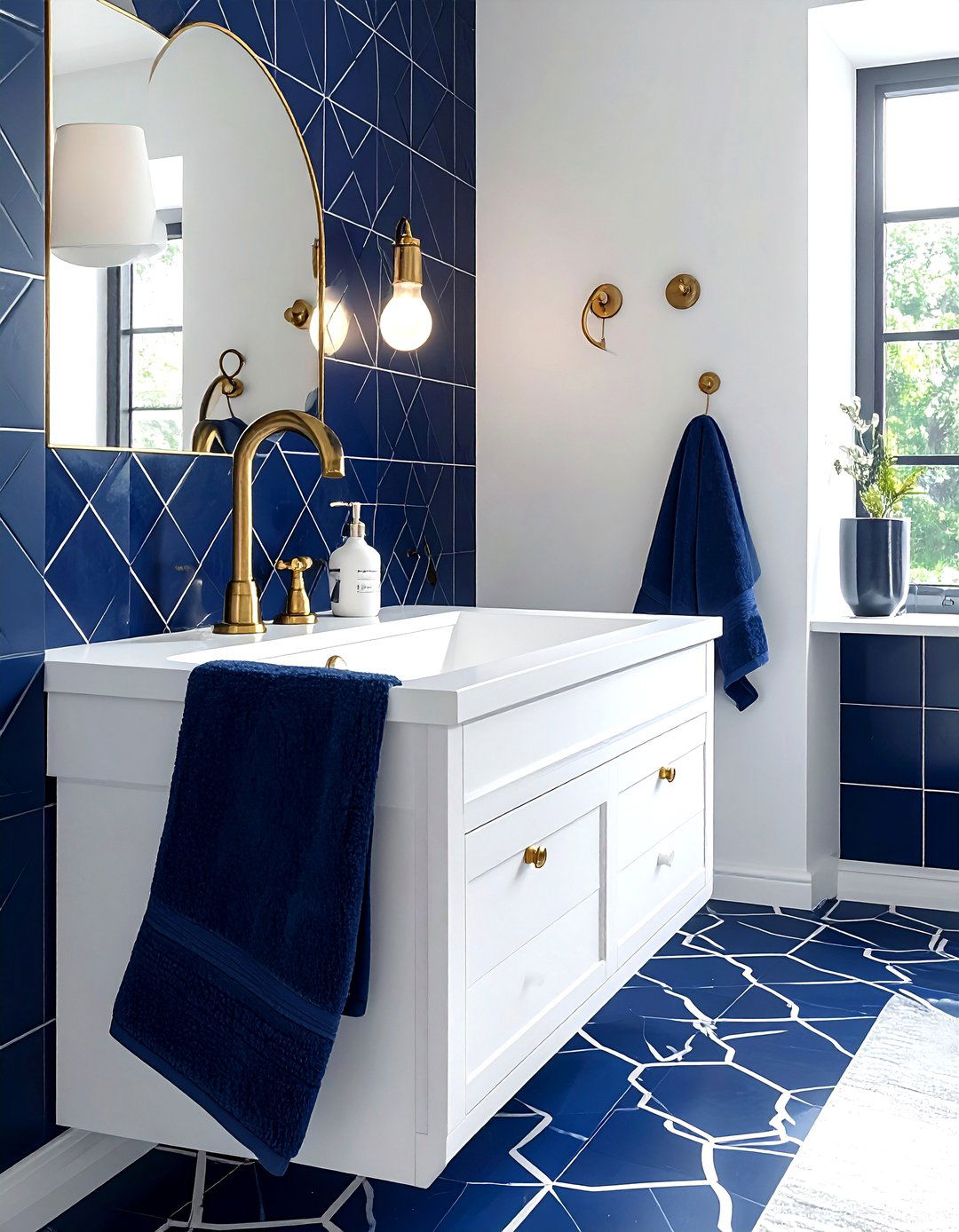 Navy Blue Patterned Tile - 30 bathroom floor design ideas