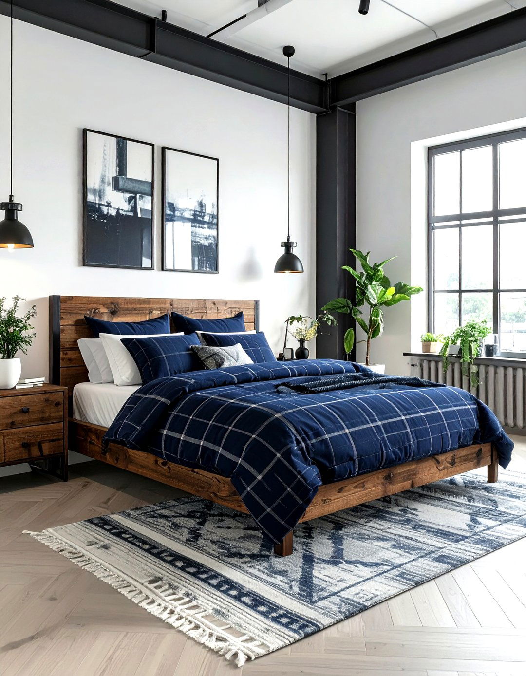 Navy Blue Plaid Industrial Bedroom - 30 industrial navy bedroom ideas