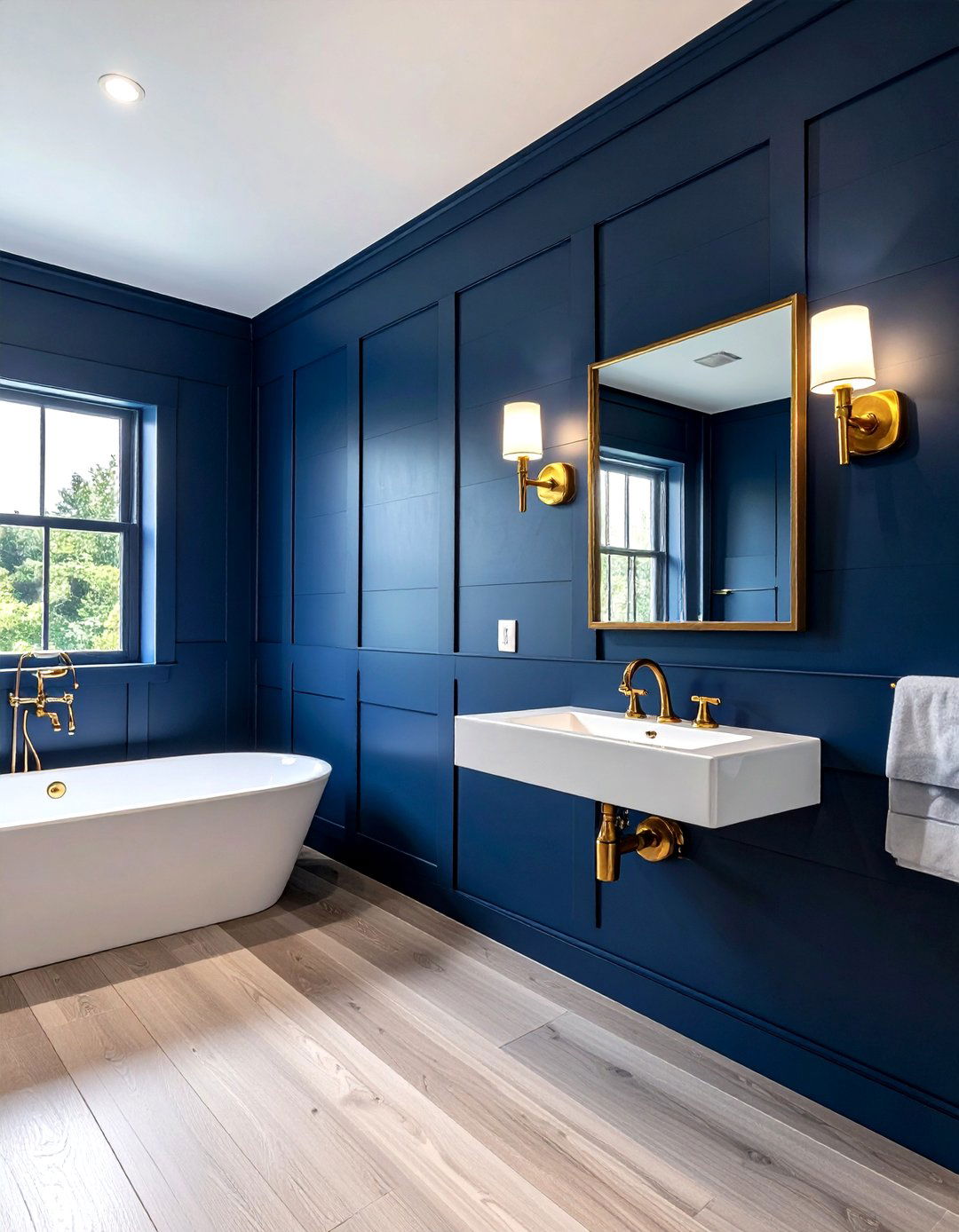 Navy Blue Shiplap Gold Sconces - 30 blue and gold bathroom ideas