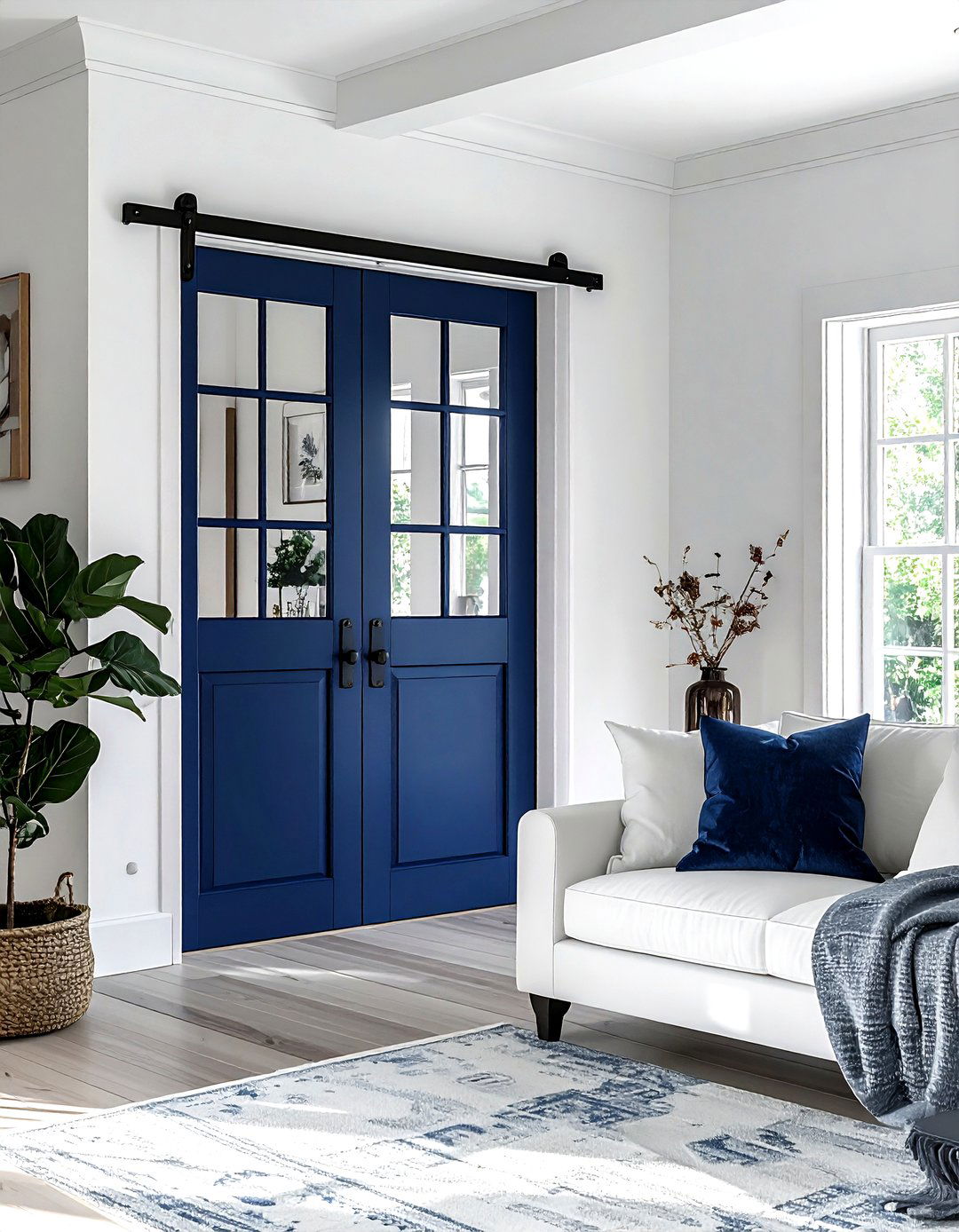 Navy Blue Sliding Door - 30 farmhouse navy living room ideas