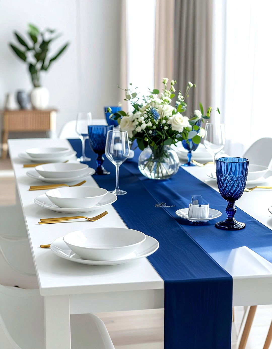 Navy Blue Table Runner - 30 blue and white dining room ideas