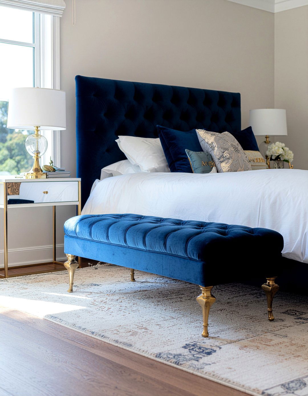 Navy Blue Velvet Bench - 30 Hollywood regency bedroom ideas