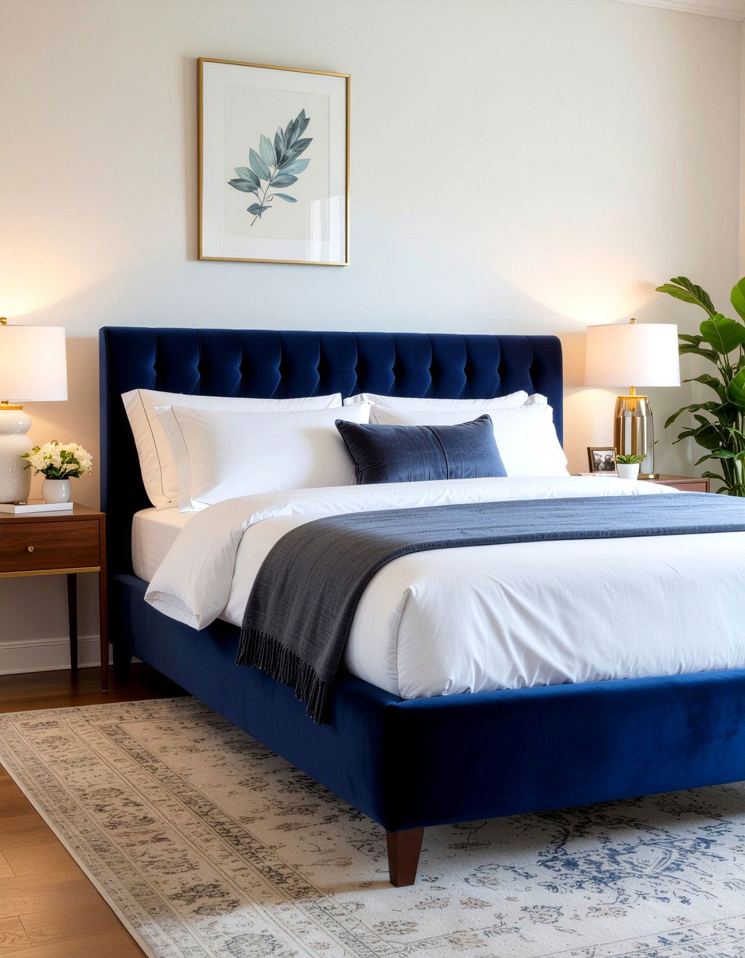 Navy Blue Velvet Channel Bed - 30 bedroom channel tufted headboards