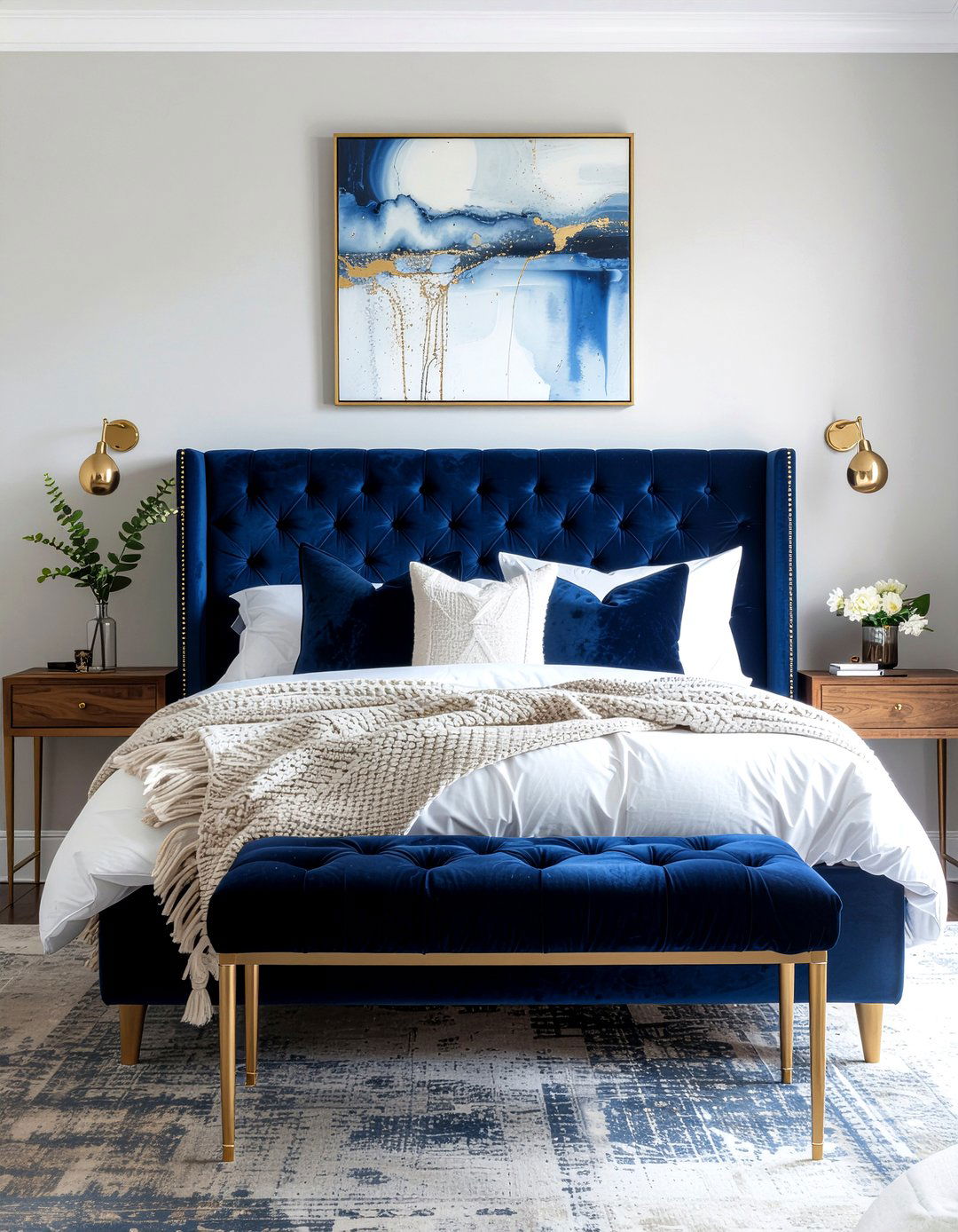 Navy Blue Velvet Headboard - 30 bedroom tufted headboards
