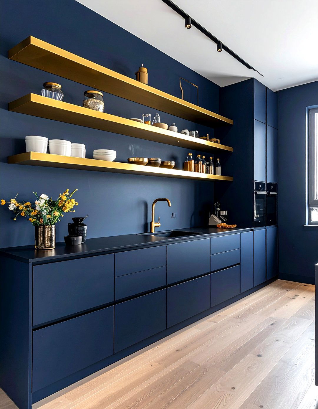 Navy Cabinets Gold Floating Shelves - 30 navy gold kitchen ideas