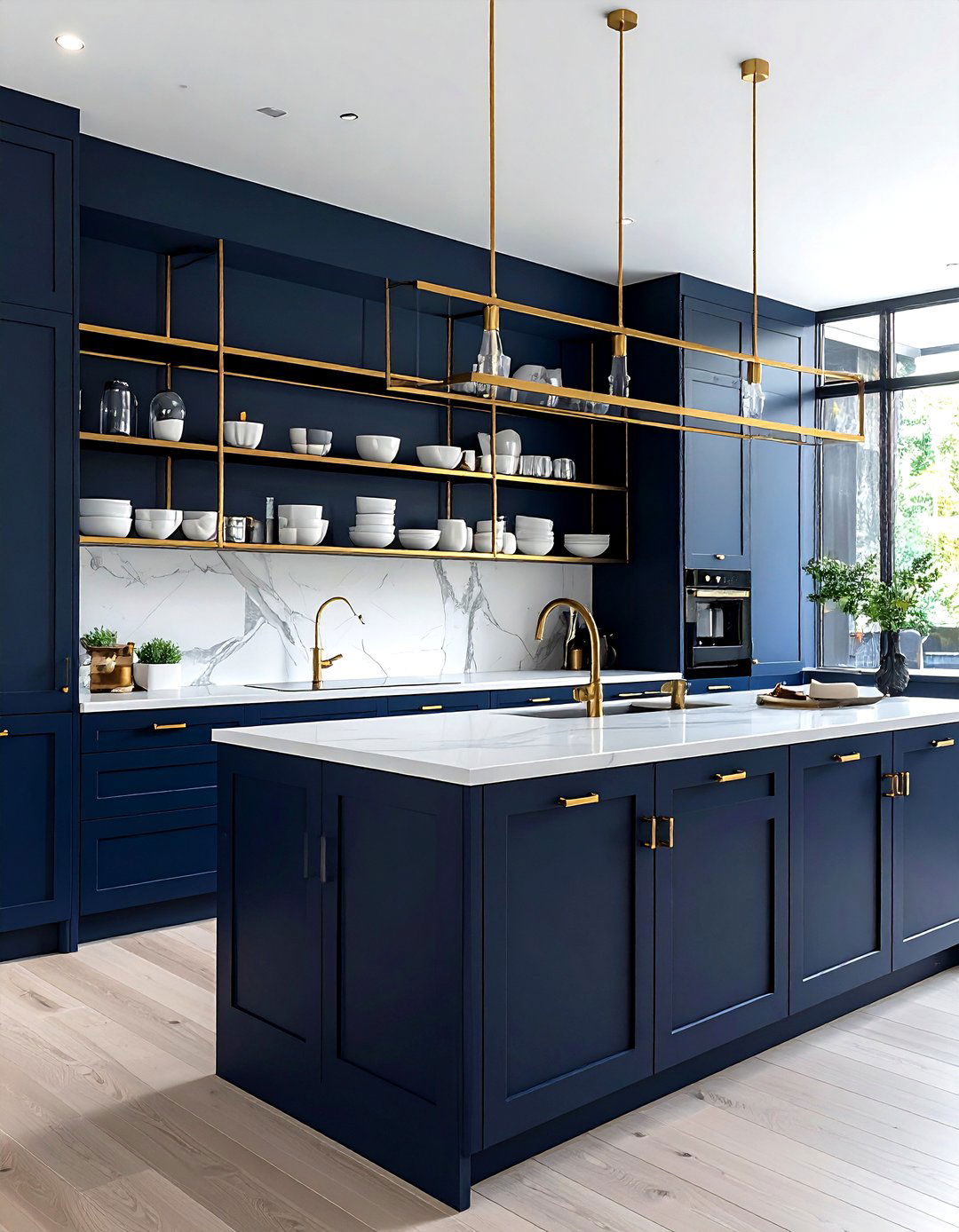 Navy Cabinets Gold Open Shelving - 30 navy gold kitchen ideas