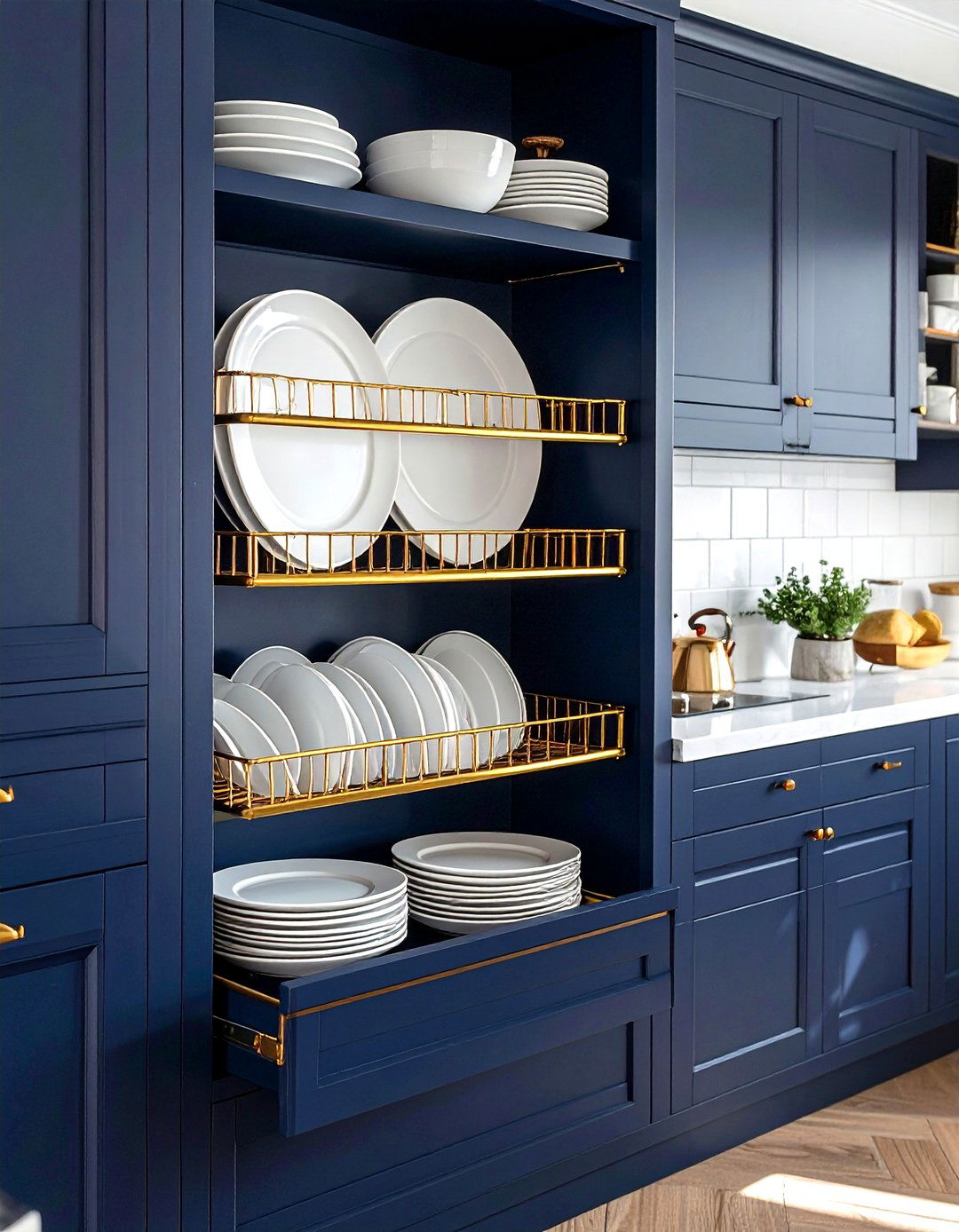 Navy Cabinets Gold Plate Rack - 30 navy gold kitchen ideas