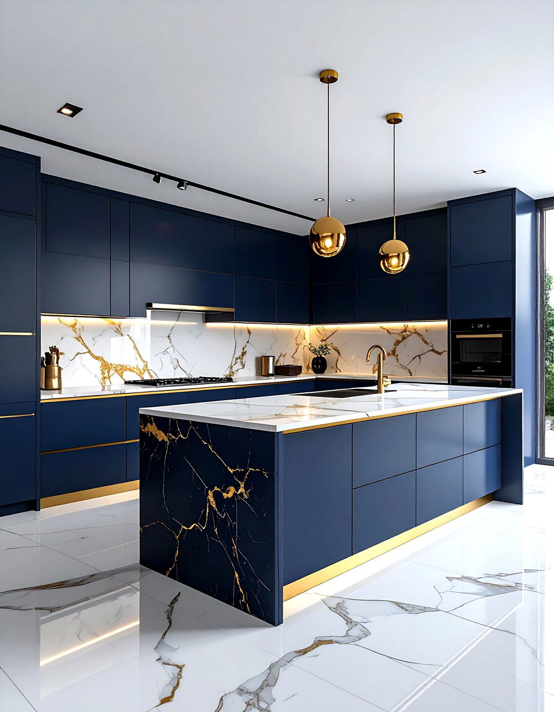 Navy Cabinets Marble Gold Veining - 30 navy gold kitchen ideas