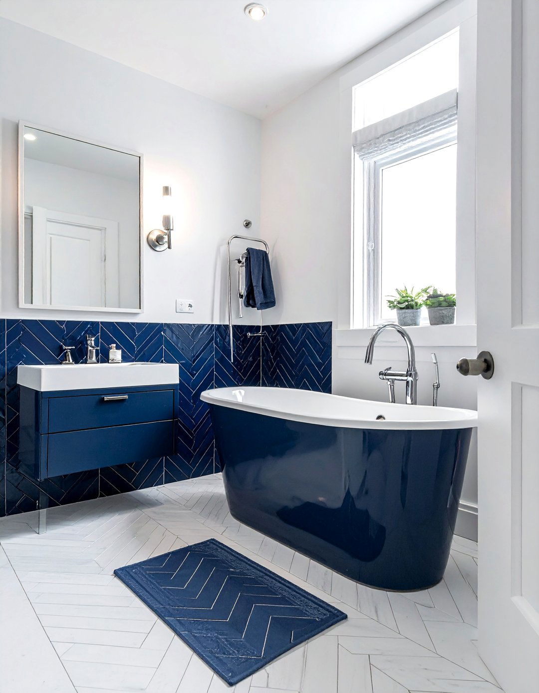 Navy Chevron Tile - 30 feature wall tile bathroom ideas