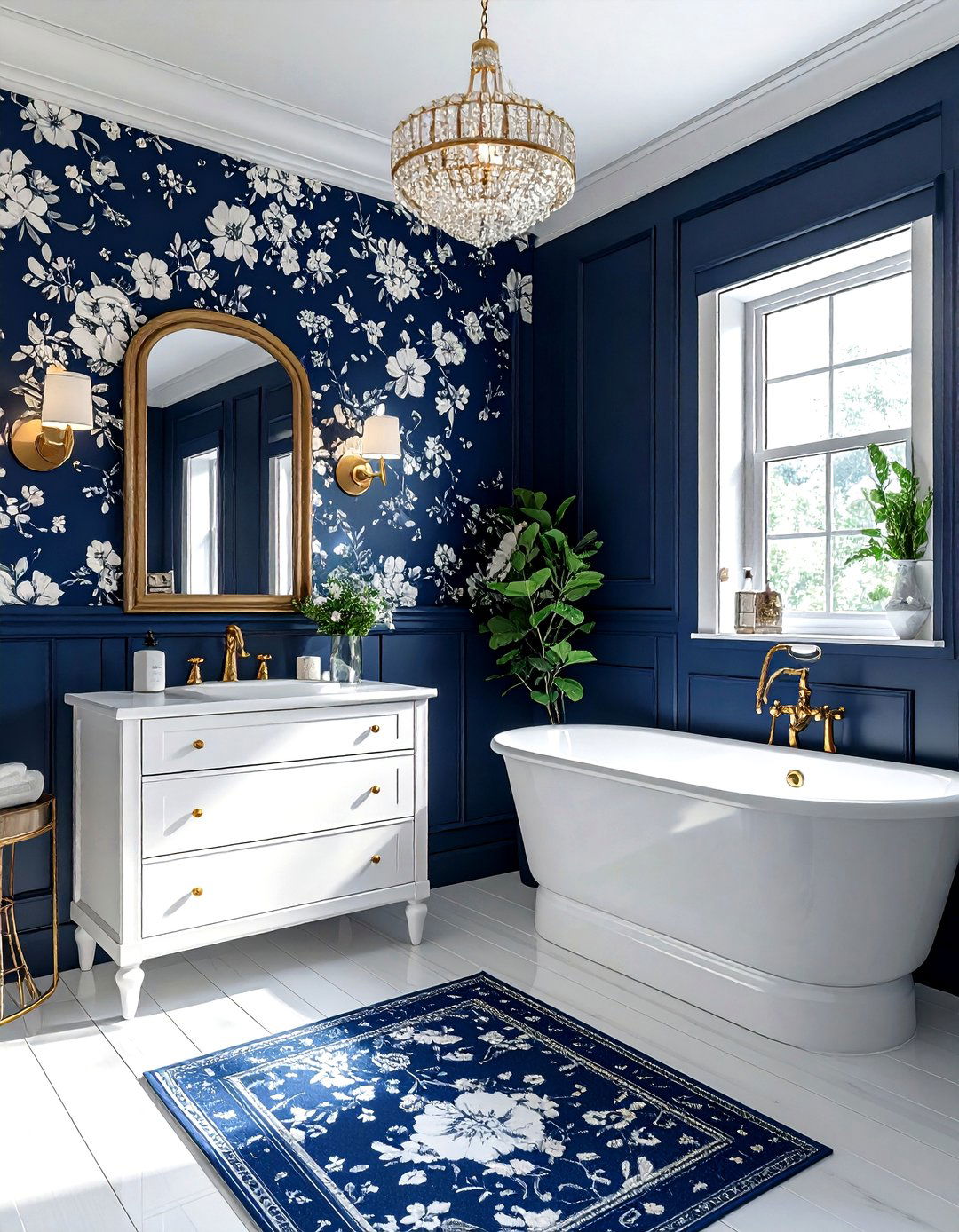 Navy Floral Wallpaper Bathroom - 30 dark navy bathroom ideas