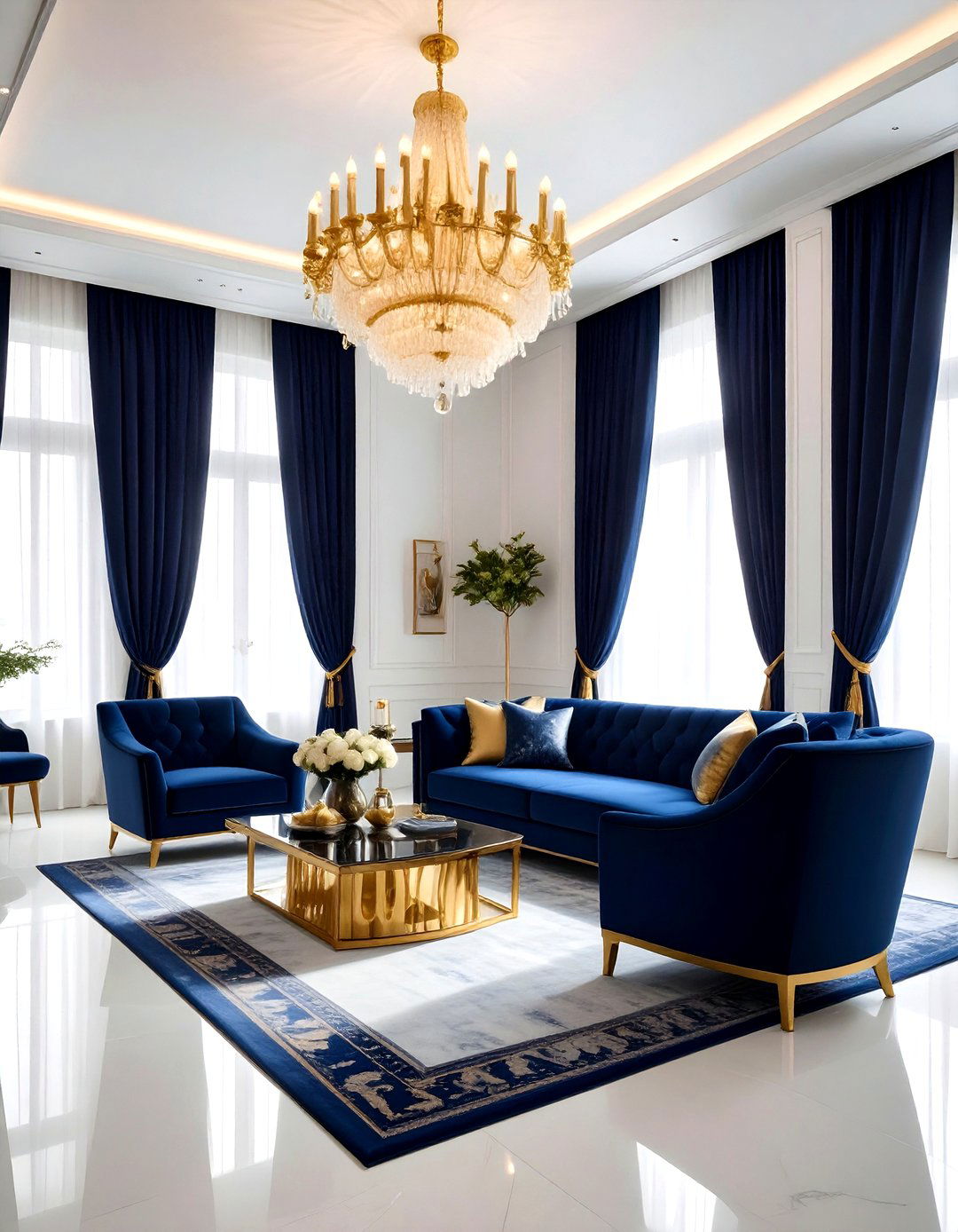 Navy Gold High Ceiling Living Room - 30 navy gold living room ideas
