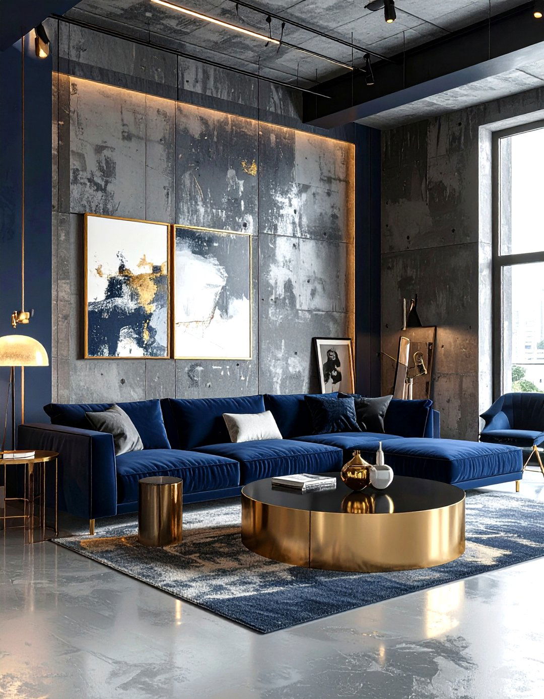 Navy Gold Industrial Living Room - 30 navy gold living room ideas
