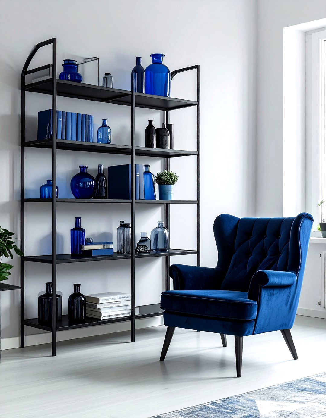Navy Industrial Living Room Metal Shelving - 30 industrial navy living room ideas
