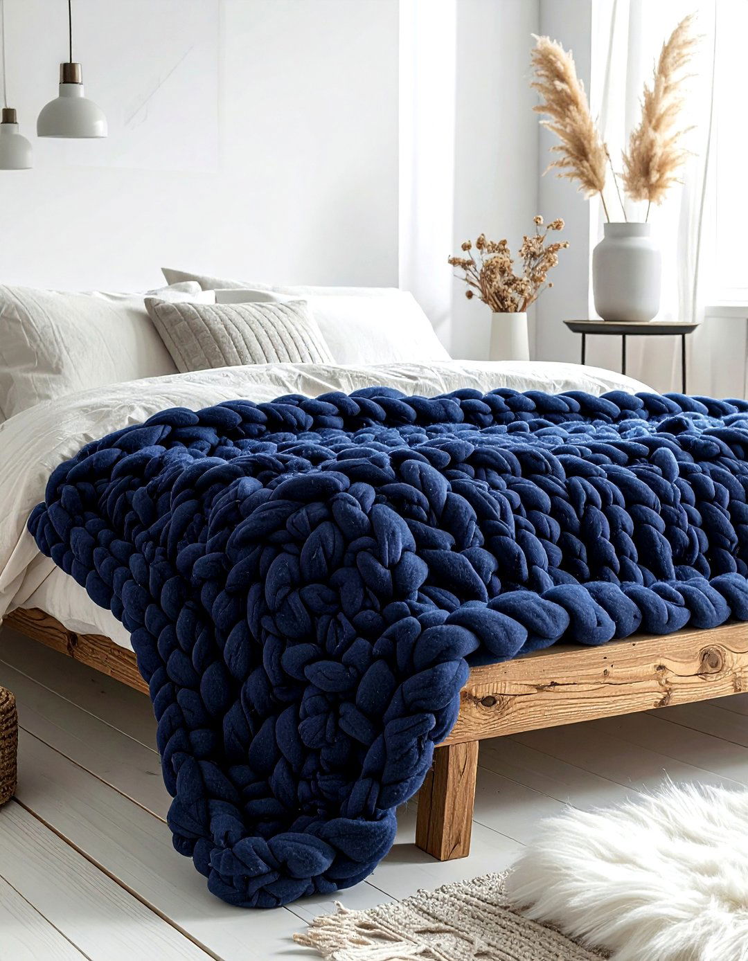 Navy Knit Throw - 30 scandinavian navy bedroom ideas