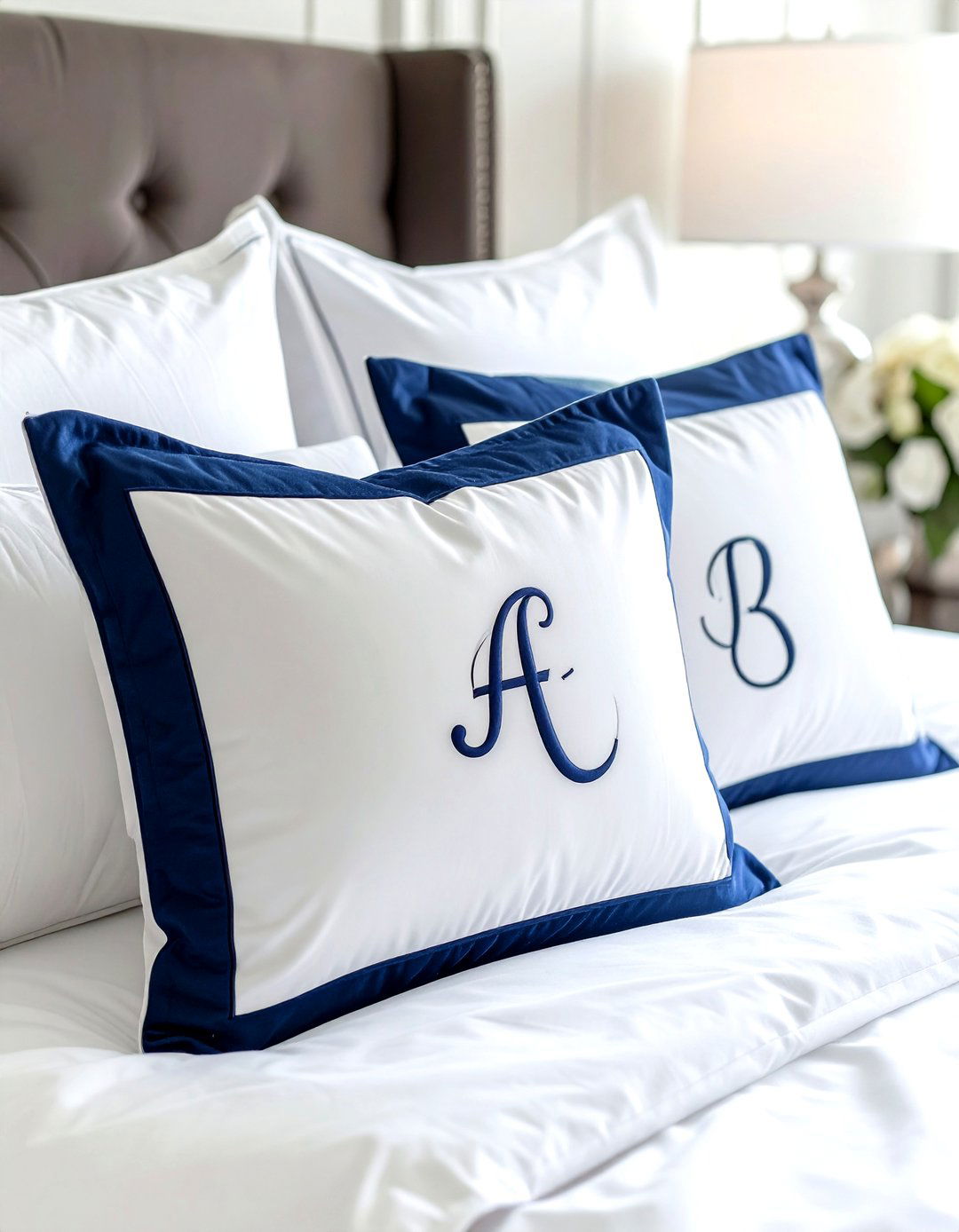 Navy Monogrammed Pillows - 30 traditional navy bedroom ideas