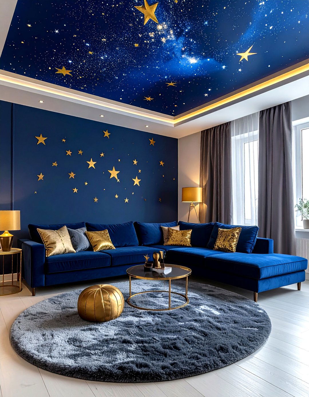 Navy Starry Ceiling - 30 living room wallpapered ceiling ideas