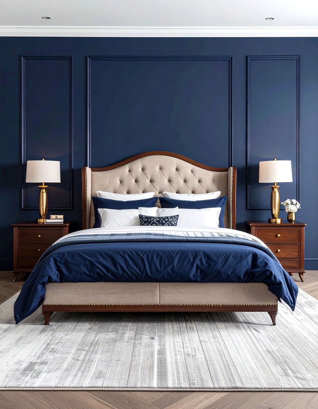Navy Symmetrical Bedroom Layout - 30 traditional navy bedroom ideas