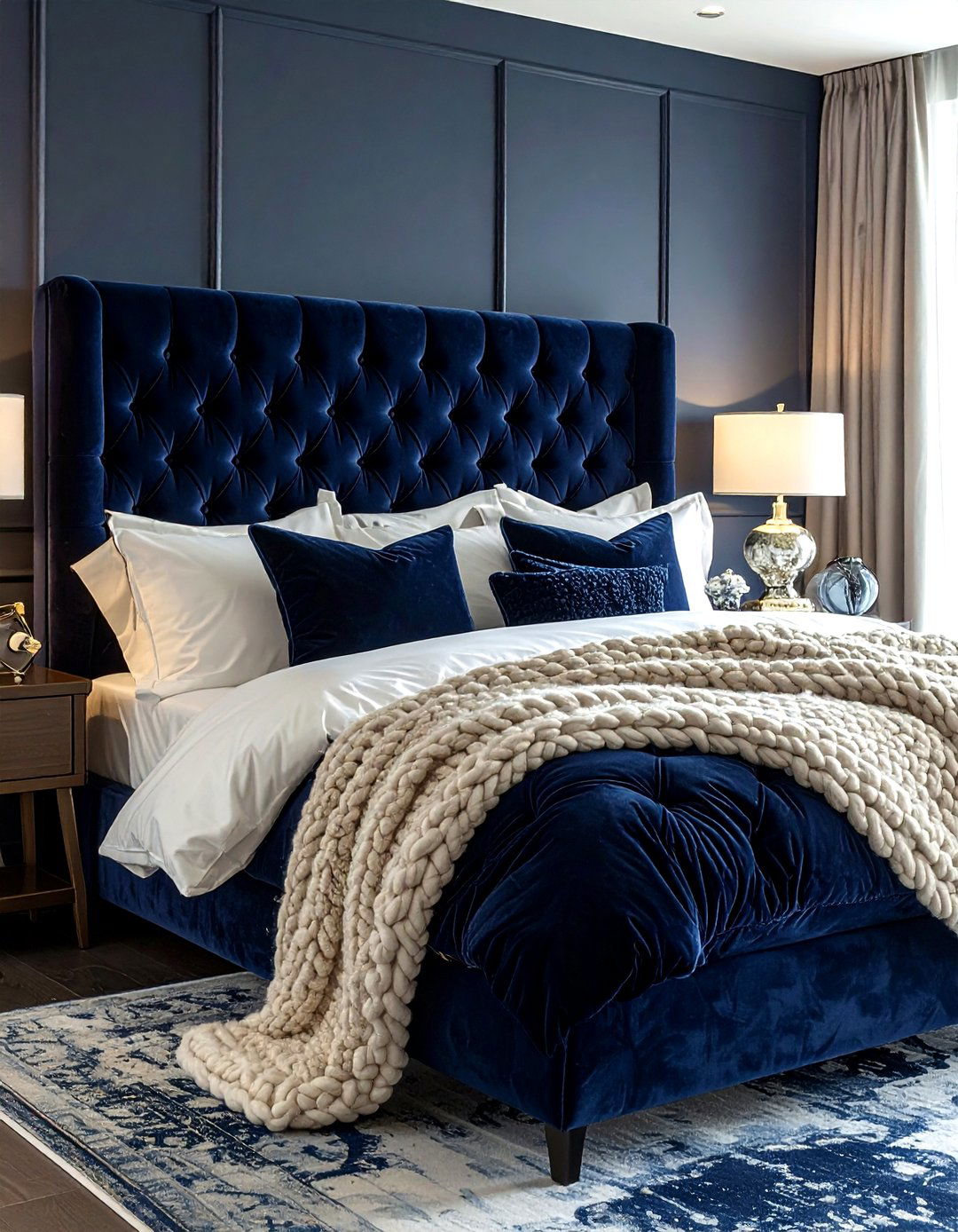 Navy Velvet Headboard - 30 navy bedroom decor ideas