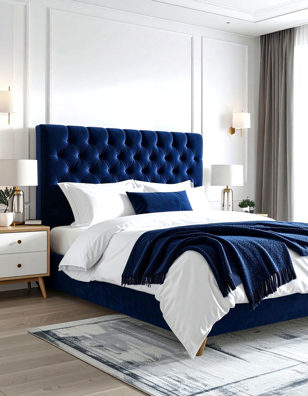 Navy Velvet Headboard - 30 navy bedroom design ideas