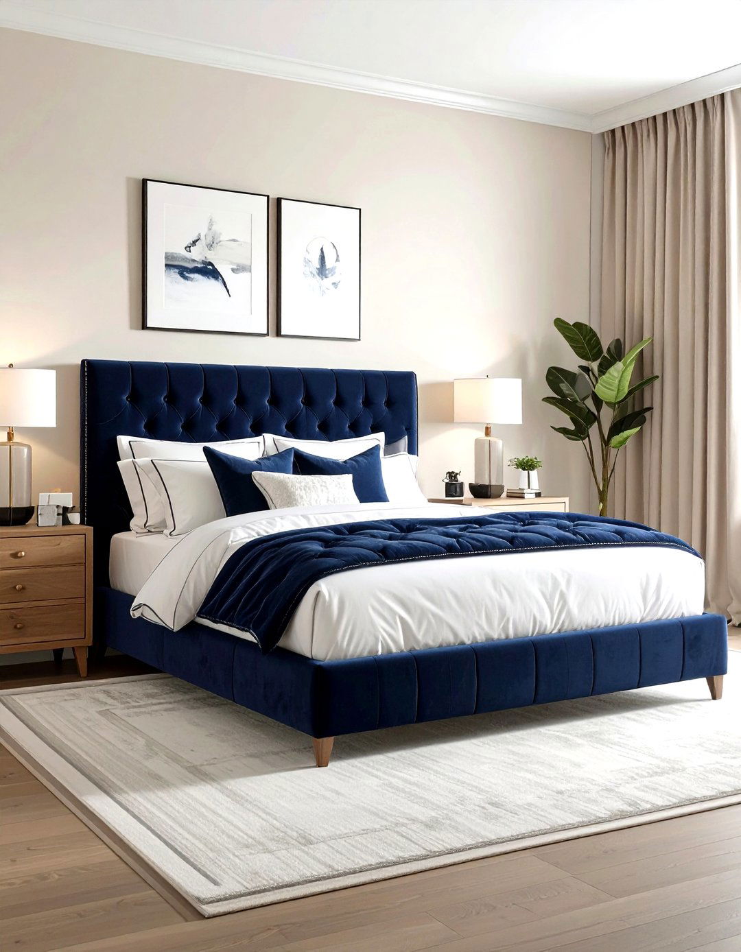Navy Velvet Headboard - 30 navy bedroom ideas