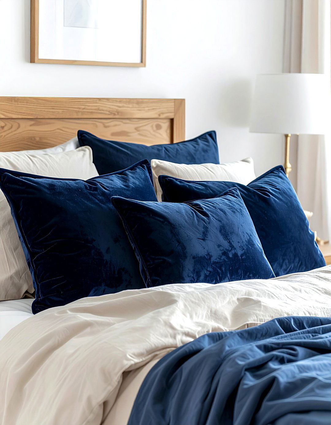 Navy Velvet Pillow - 30 scandinavian navy bedroom ideas