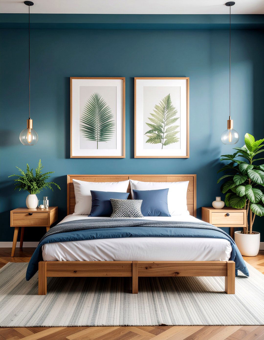 Navy Wall With Wood Furniture - 30 bedroom navy walls