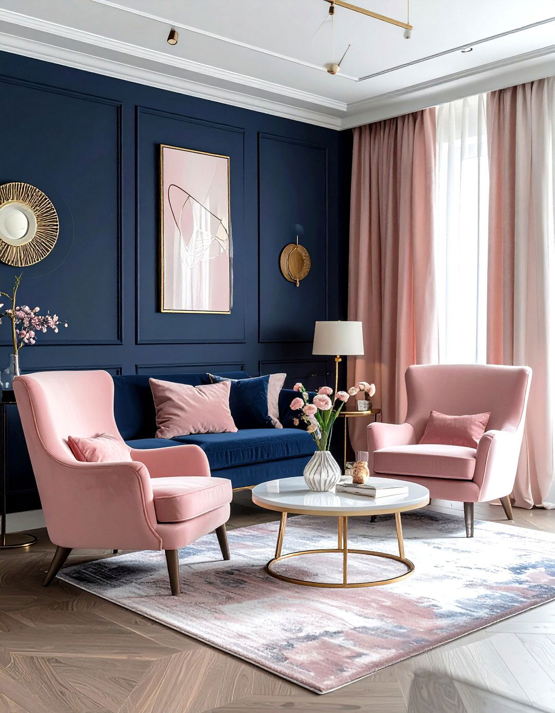 Navy and blush pink living room - 30 modern navy living room ideas