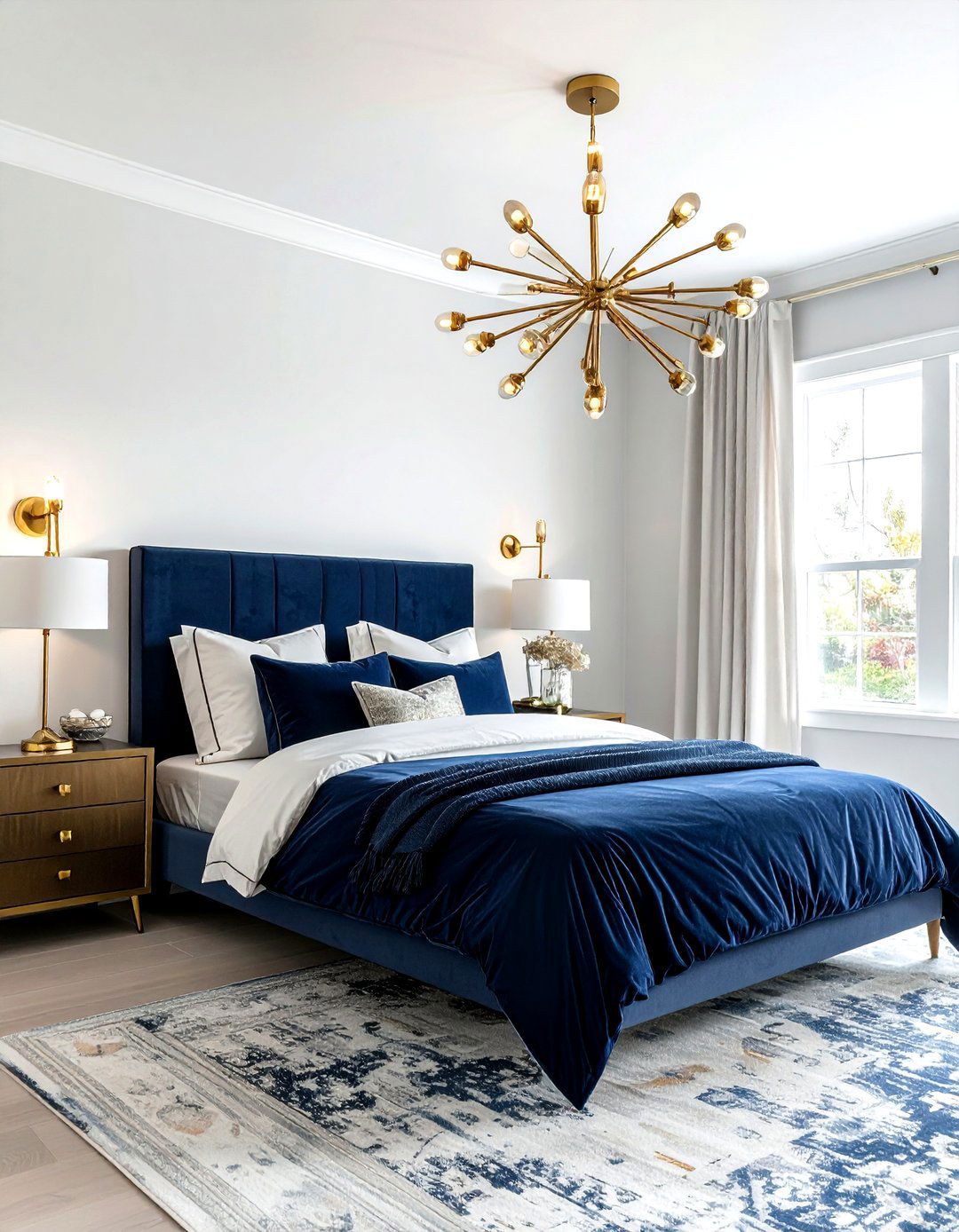 Navy and brass light fixtures - 30 modern navy bedroom ideas