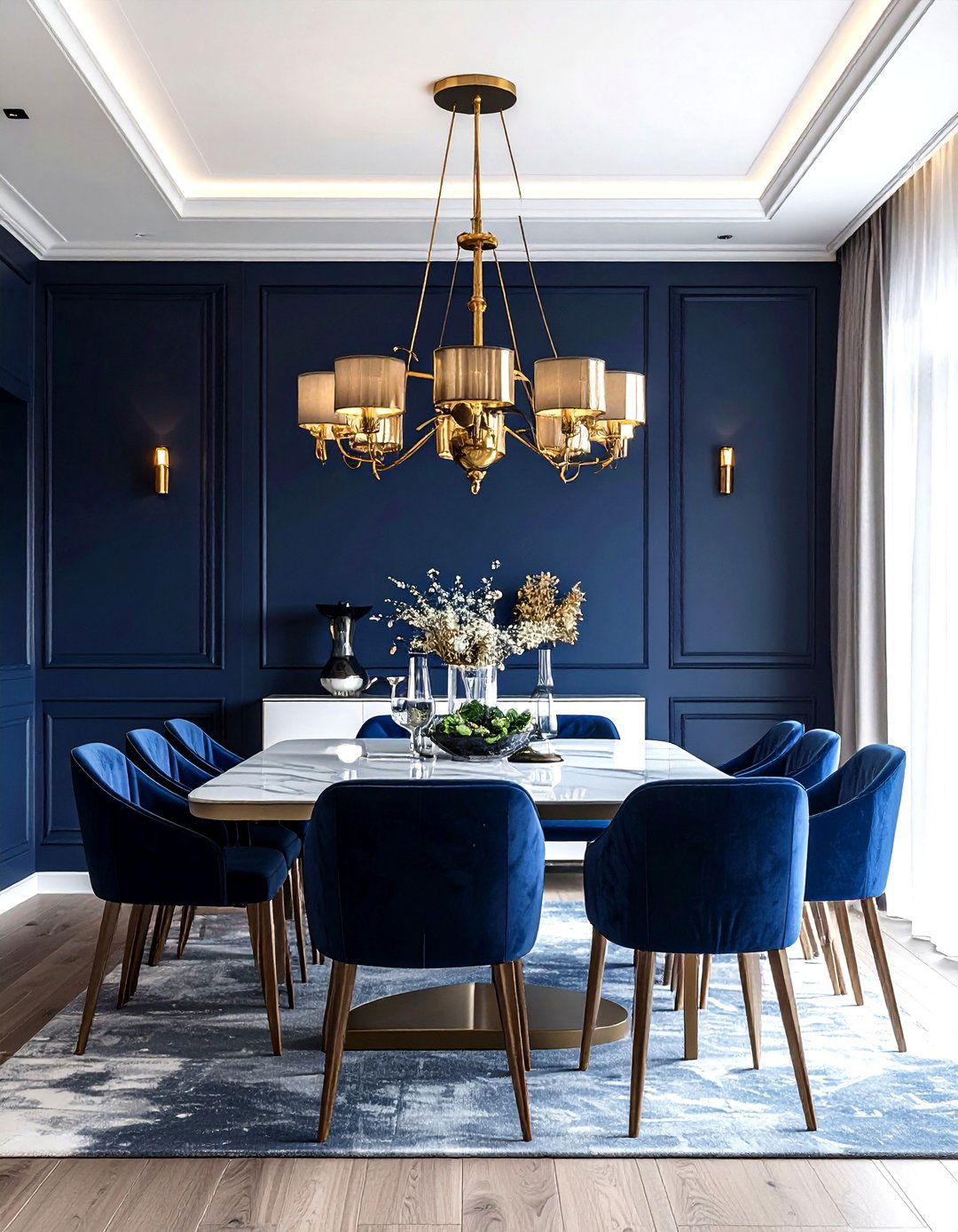 Navy and brass light - 30 navy dining room decor ideas