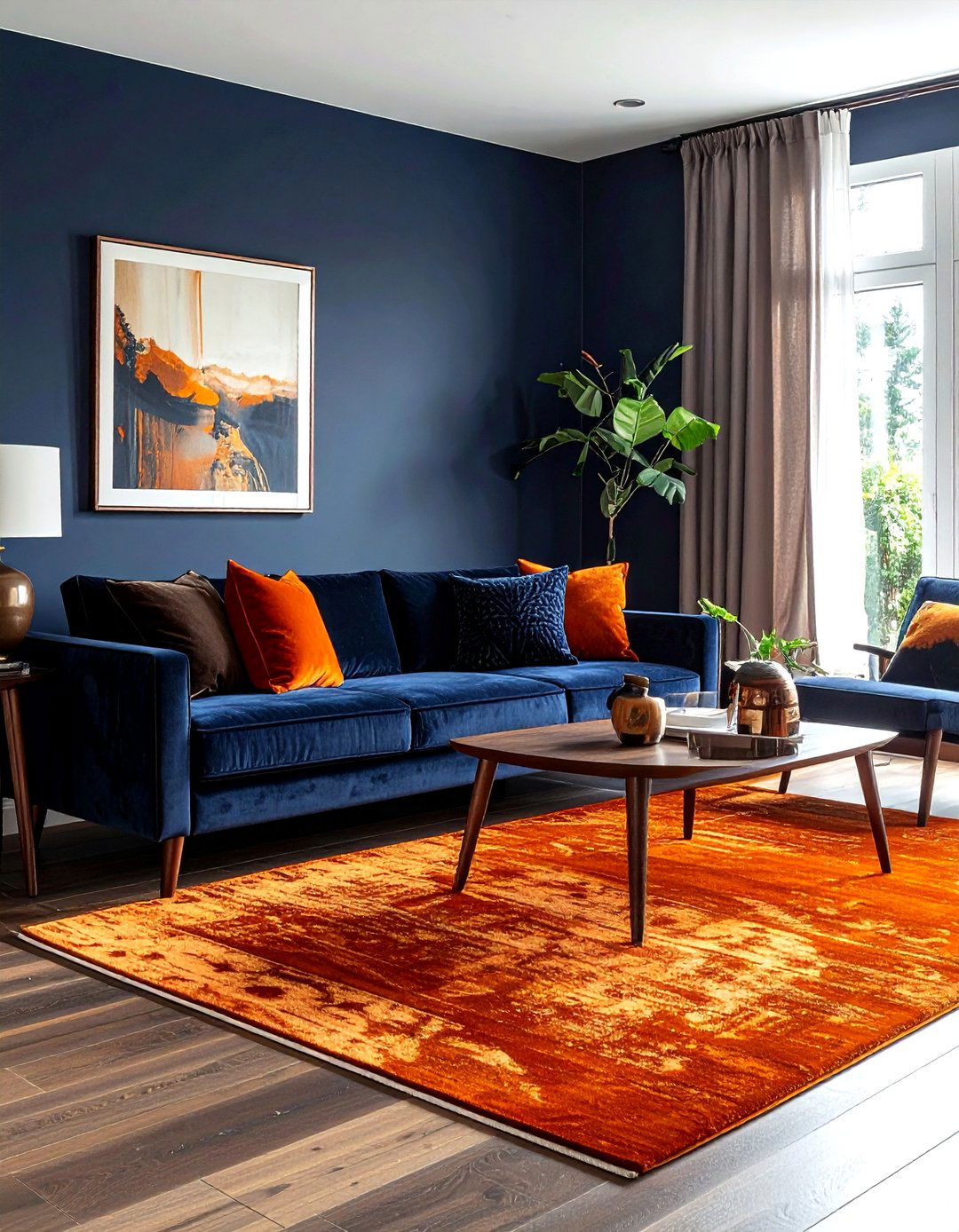 Navy and burnt orange living room - 30 modern navy living room ideas