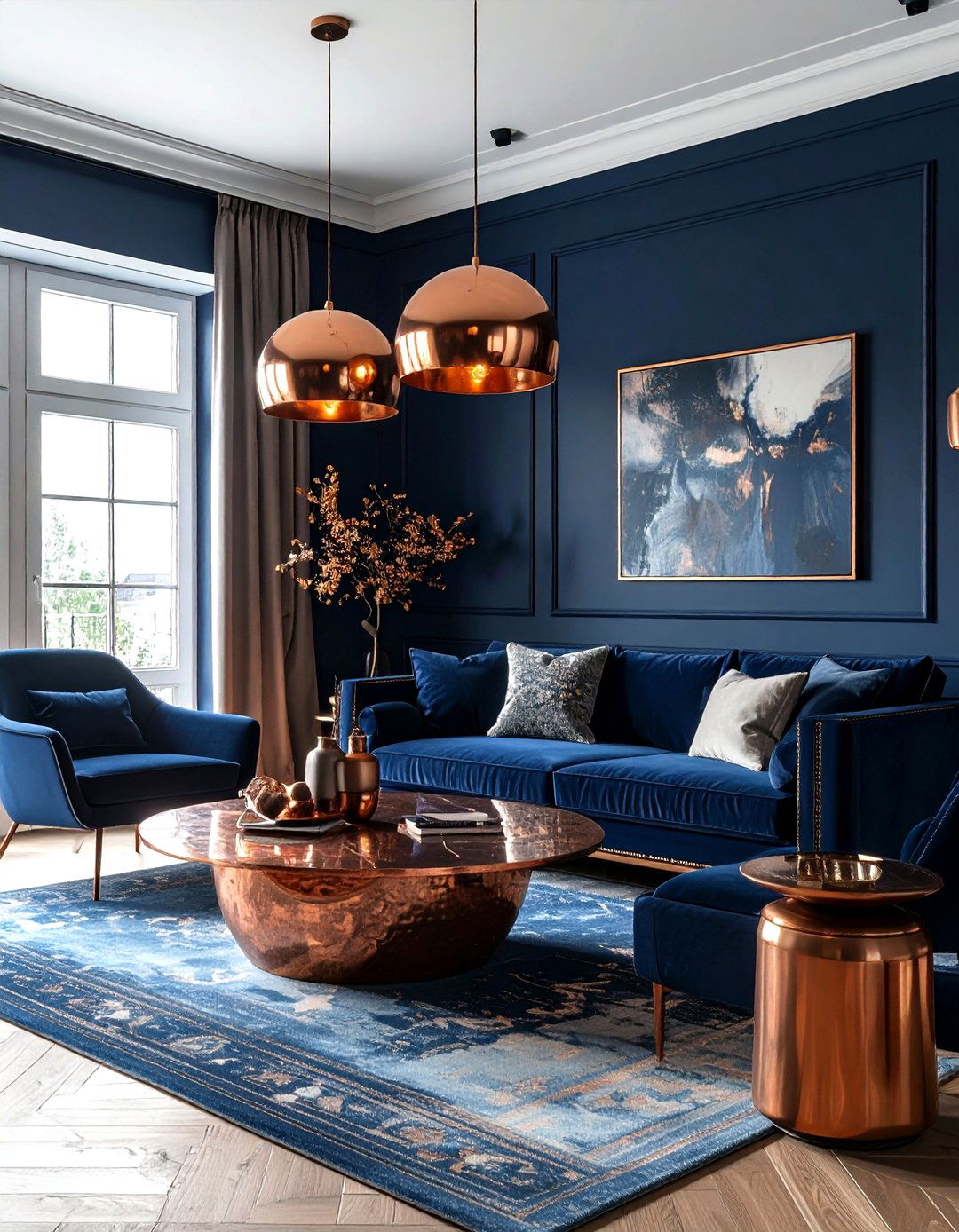 Navy and copper living room - 30 modern navy living room ideas