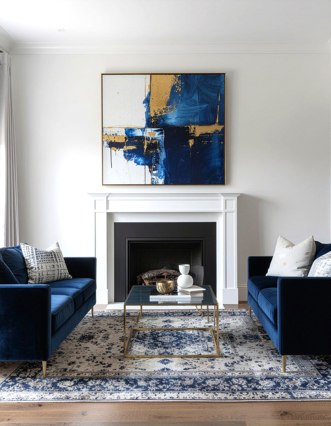 Navy and gold abstract canvas art - 30 navy and gold living room ideas