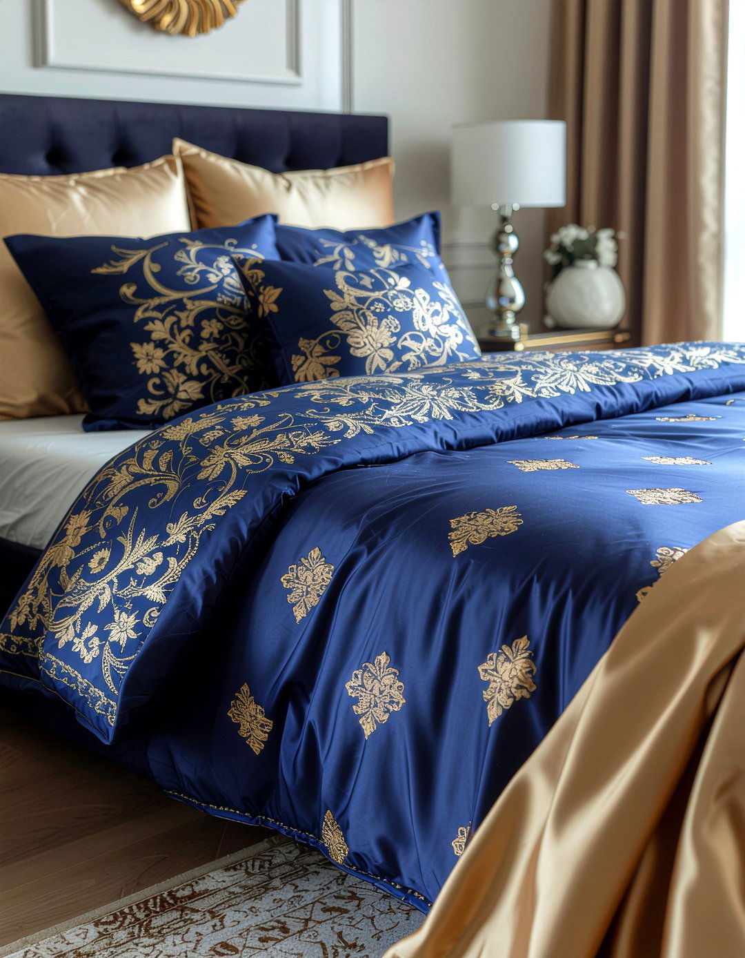 Navy and gold bedding - 30 navy and gold bedroom ideas