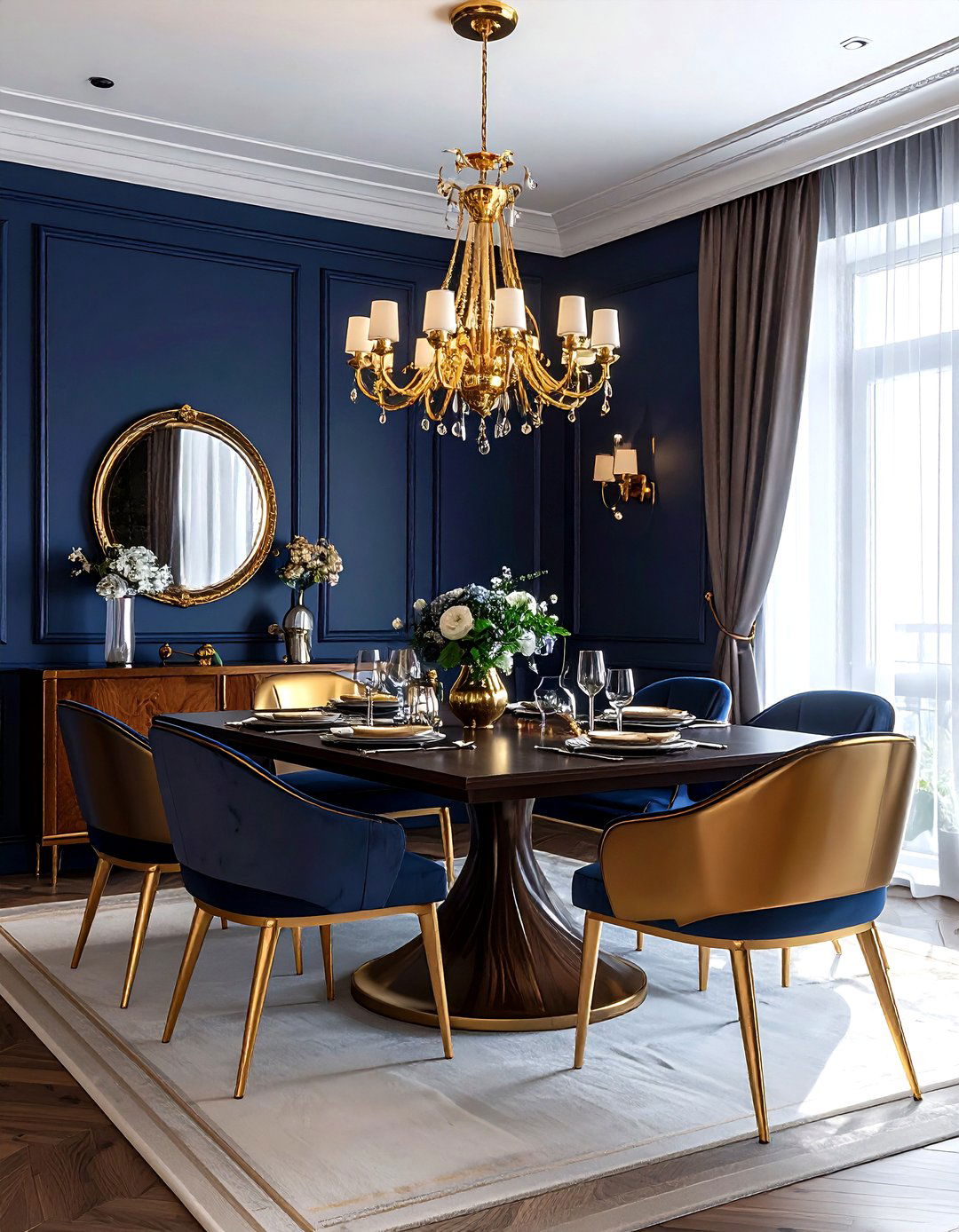 Navy and gold dining room