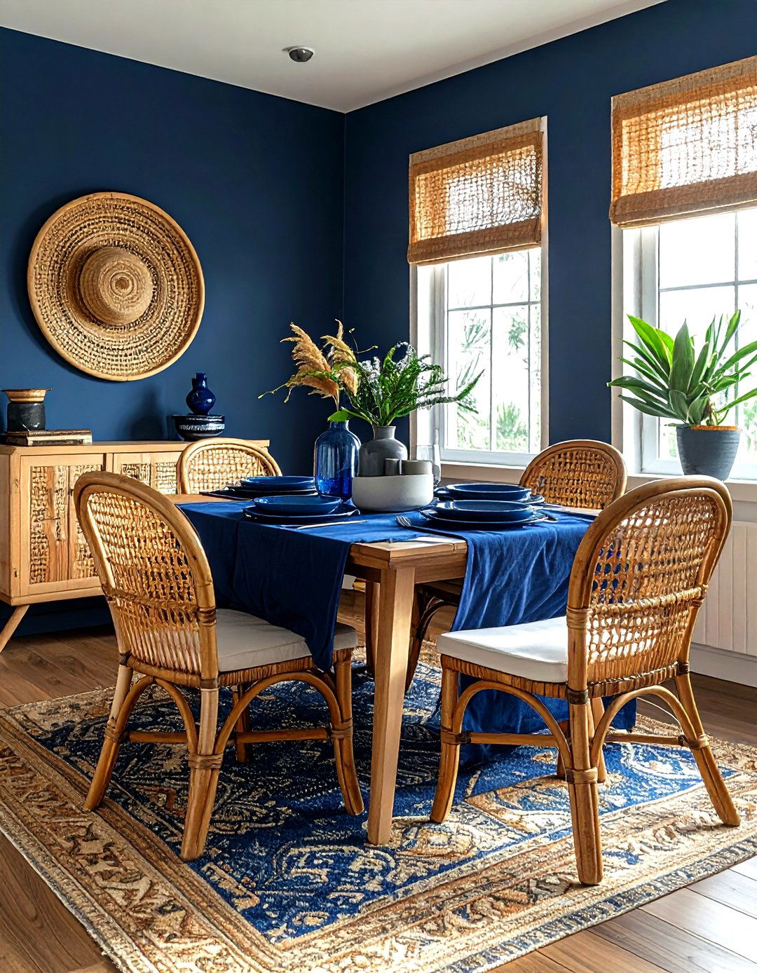 Navy and rattan accents - 30 navy dining room decor ideas