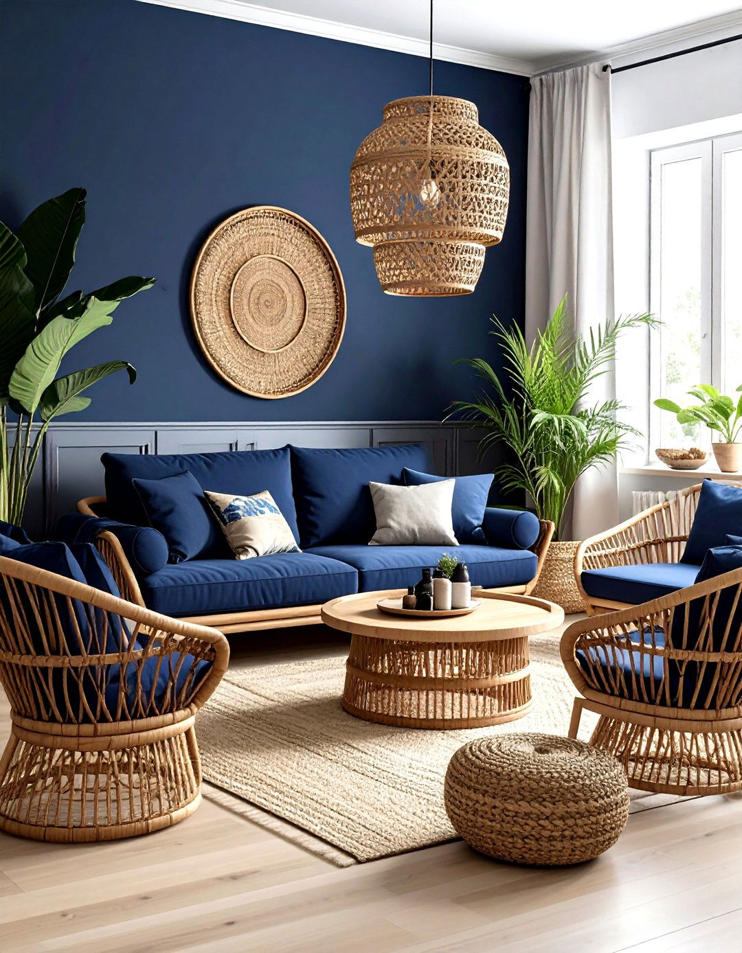 Navy and rattan living room - 30 modern navy living room ideas