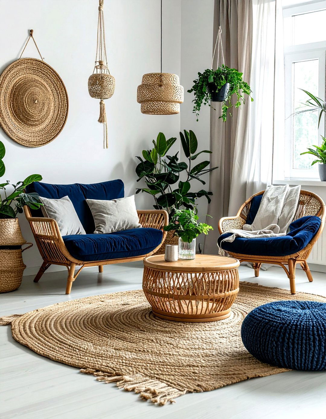 Navy and rattan living room - 30 bohemian navy living room ideas