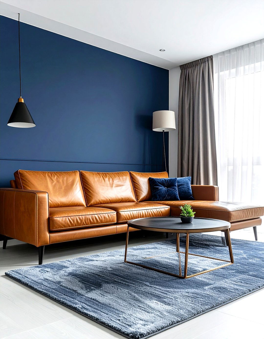Navy and tan leather living room - 30 navy living room ideas