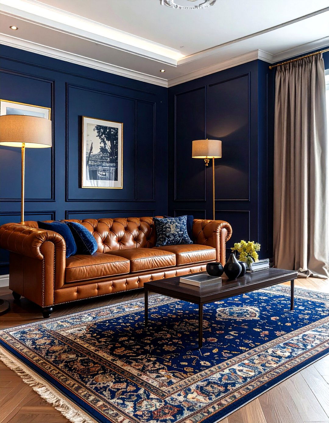 Navy and tan leather living room - 30 modern navy living room ideas